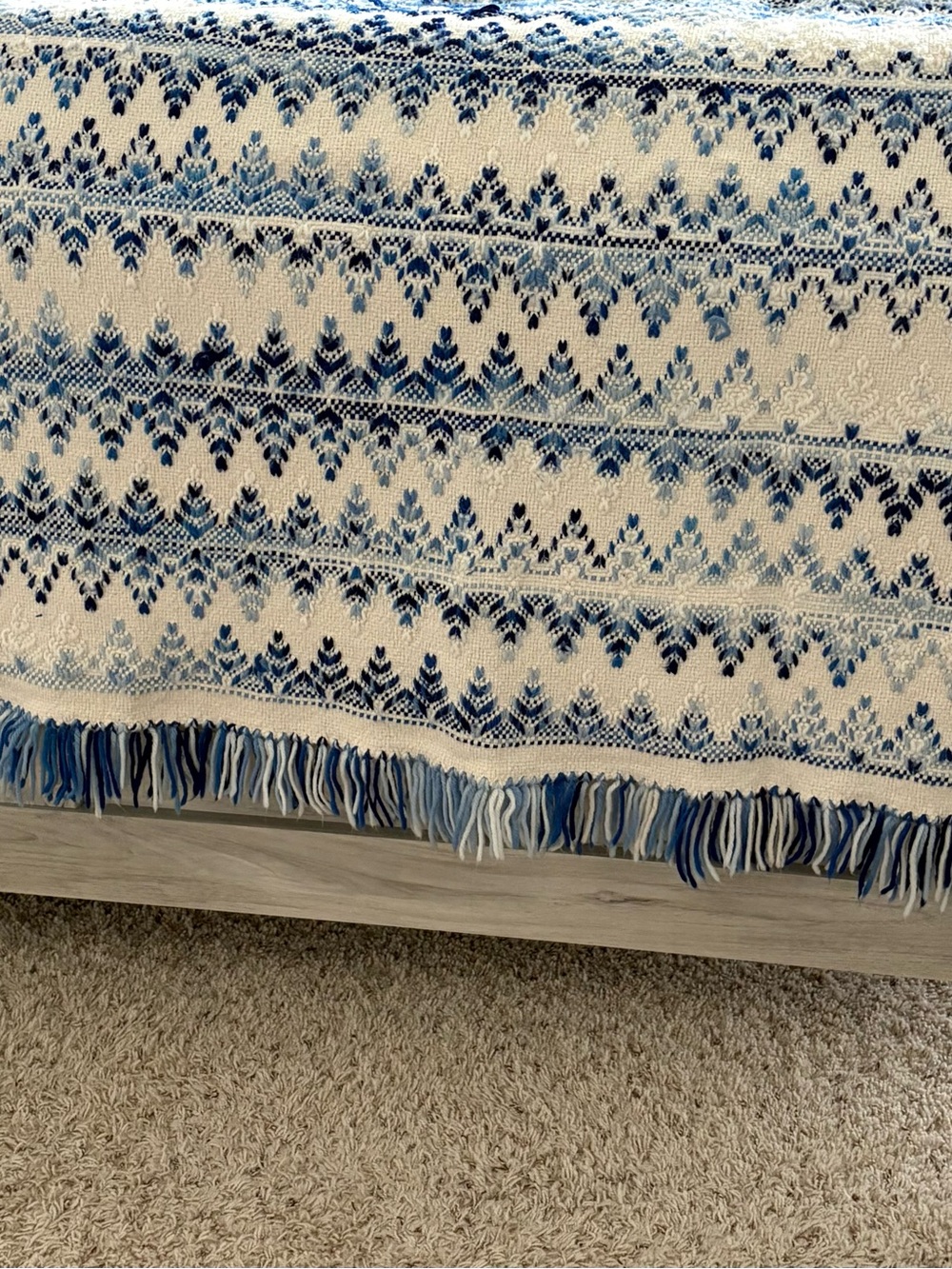 Handmade Afghan Throw Blanket w/ Fringe Ends Blue & White Pattern Approx 46x63”